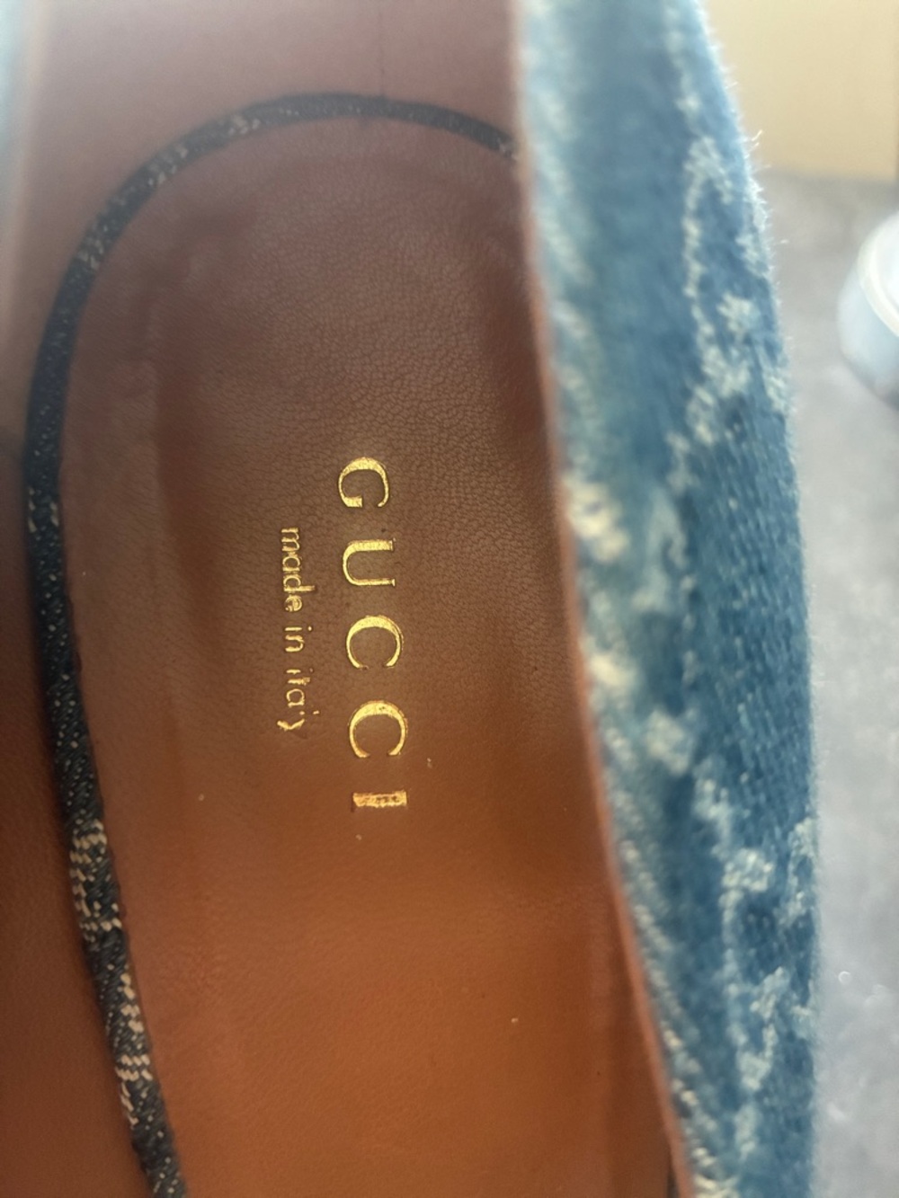 Gucci GG Monogram Peep Toe Blue Denim Horsebit Espadrille Wedges 39 Vintage - Picture 11 of 13